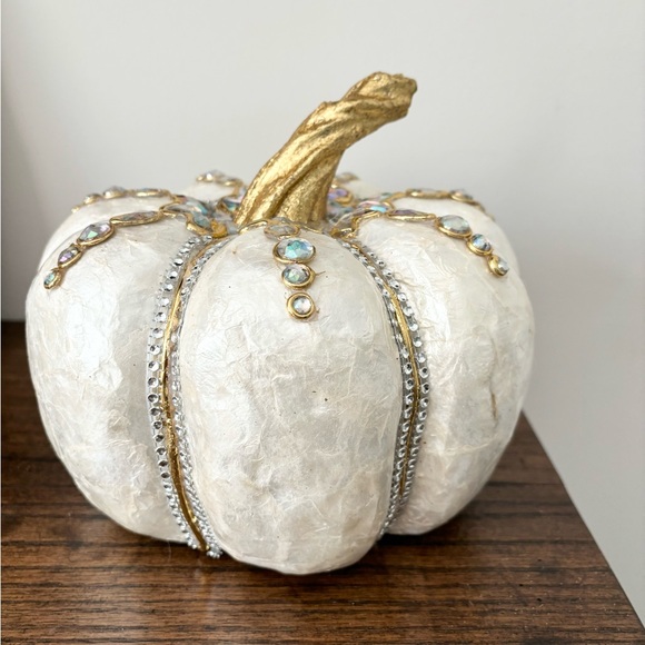 🤍🎃 Shabby Chic Embellished Capiz Shell White Pumpkin - Picture 9 of 9